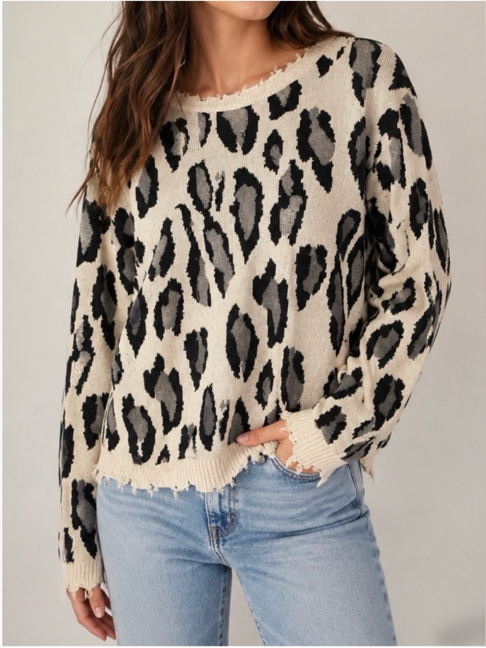 Fate Cream Leopard Print Distressed Crewneck Sweater - Tan-Black